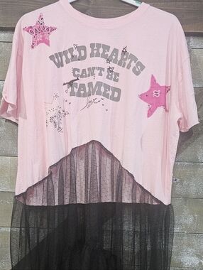 TRICIA FIX Wild Hearts Can't Be Tamed Pink Graphic Top with Black Tulle